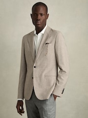 Reiss Taupe/Off White Garland Single-Breasted Blazer with Wool in Puppytooth Check - Image 1 of 10