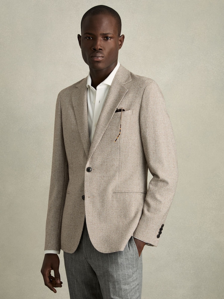Reiss Taupe/Off White Garland Single-Breasted Blazer with Wool in Puppytooth Check - Image 1 of 10