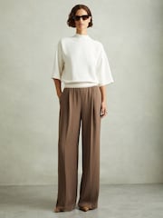 Reiss Mocha Brown Abigail Petite Wide Leg Elasticated Trousers - Image 3 of 7