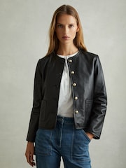 Reiss Black Gracie Cropped Leather Jacket - Image 1 of 6