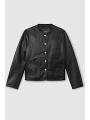 Reiss Black Gracie Cropped Leather Jacket - Image 2 of 6
