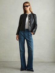 Reiss Black Gracie Cropped Leather Jacket - Image 5 of 6