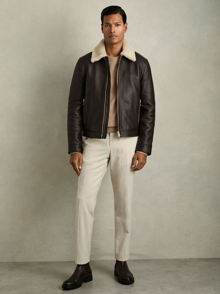 Reiss Dark Brown Shetland Shearling-Collar Leather Jacket - Image 3 of 7