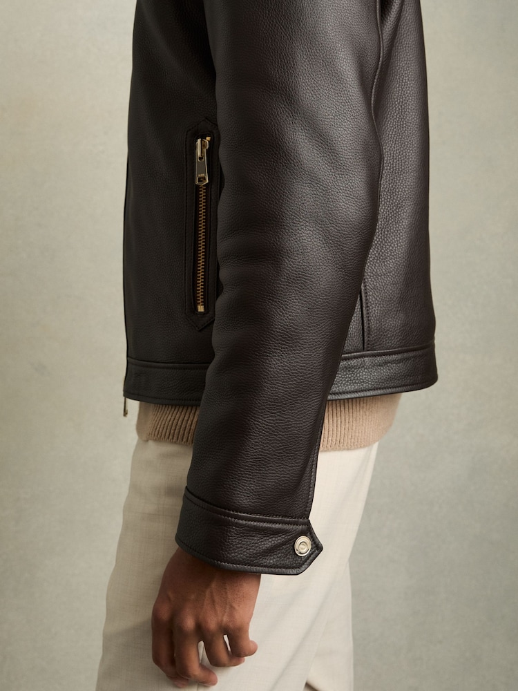 Reiss Dark Brown Shetland Shearling-Collar Leather Jacket - Image 4 of 7