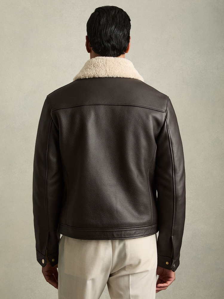 Reiss Dark Brown Shetland Shearling-Collar Leather Jacket - Image 5 of 7