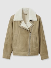Светло-зеленый - Reiss Mona Shearling-Lined Leather Aviator Jacket - Image 2 of 7