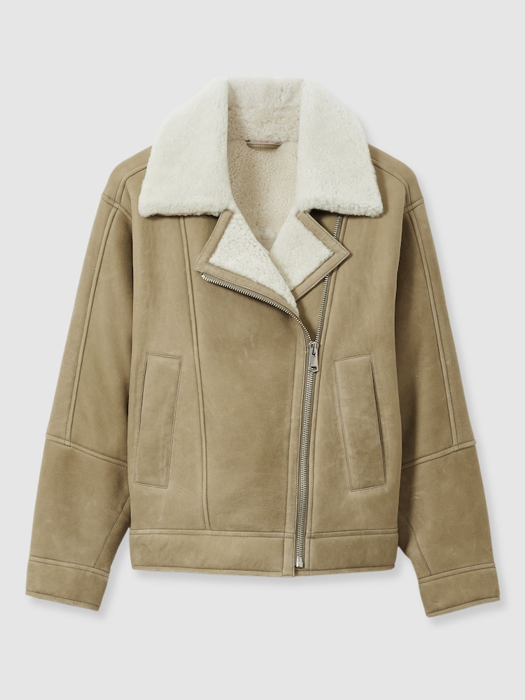 Светло-зеленый - Reiss Mona Shearling-Lined Leather Aviator Jacket - Image 2 of 7