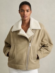 Светло-зеленый - Reiss Mona Shearling-Lined Leather Aviator Jacket - Image 3 of 7