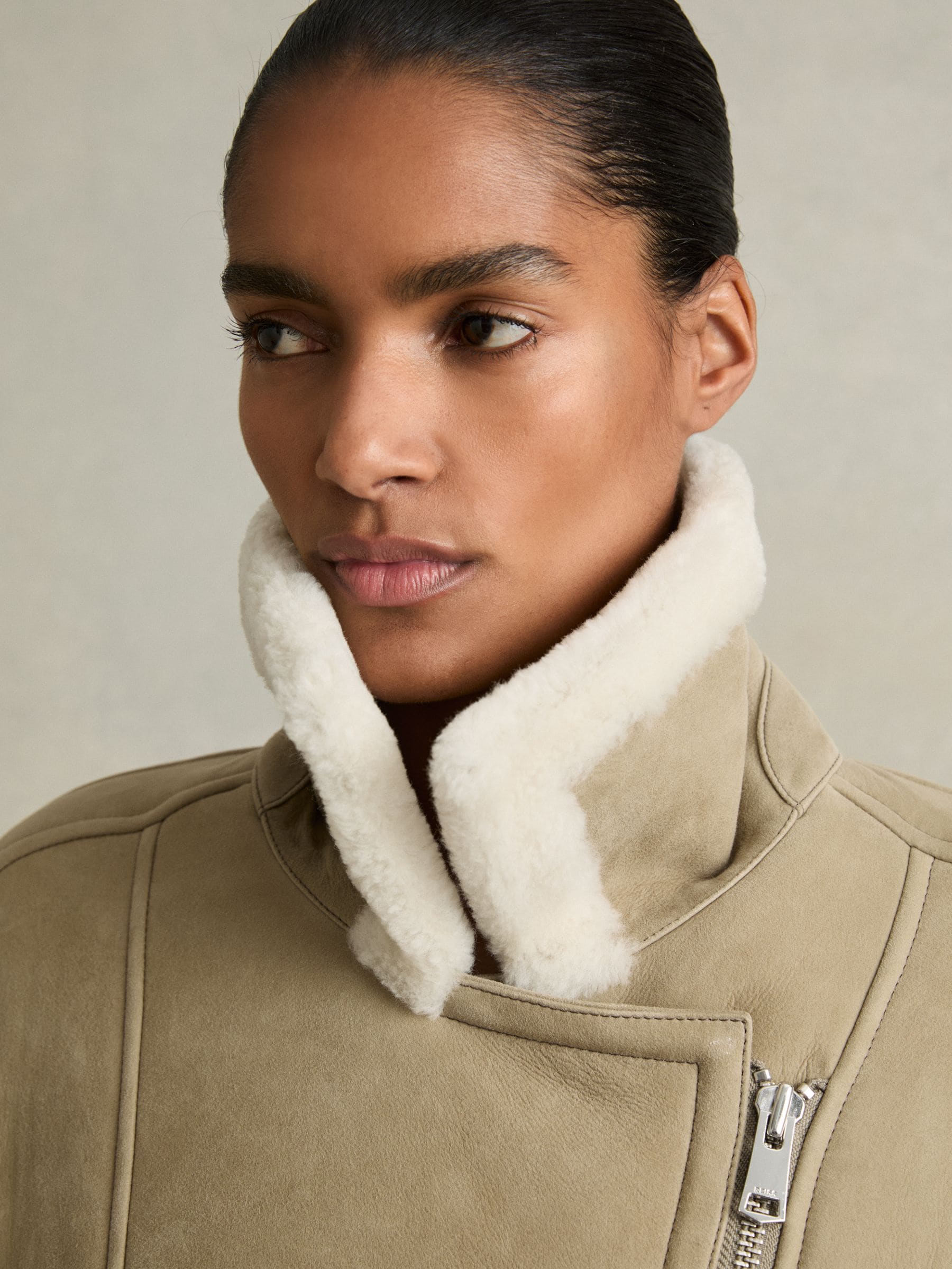 Buy Reiss Light Green Mona Shearling-Lined Leather Aviator Jacket