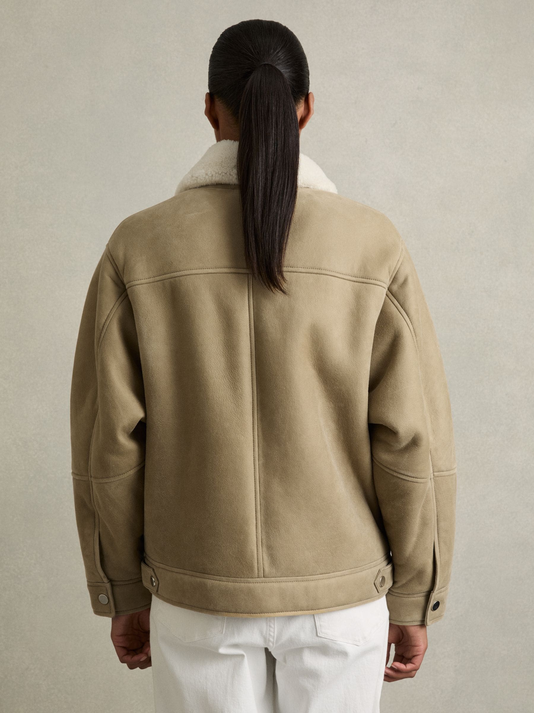 Buy Reiss Light Green Mona Shearling-Lined Leather Aviator Jacket