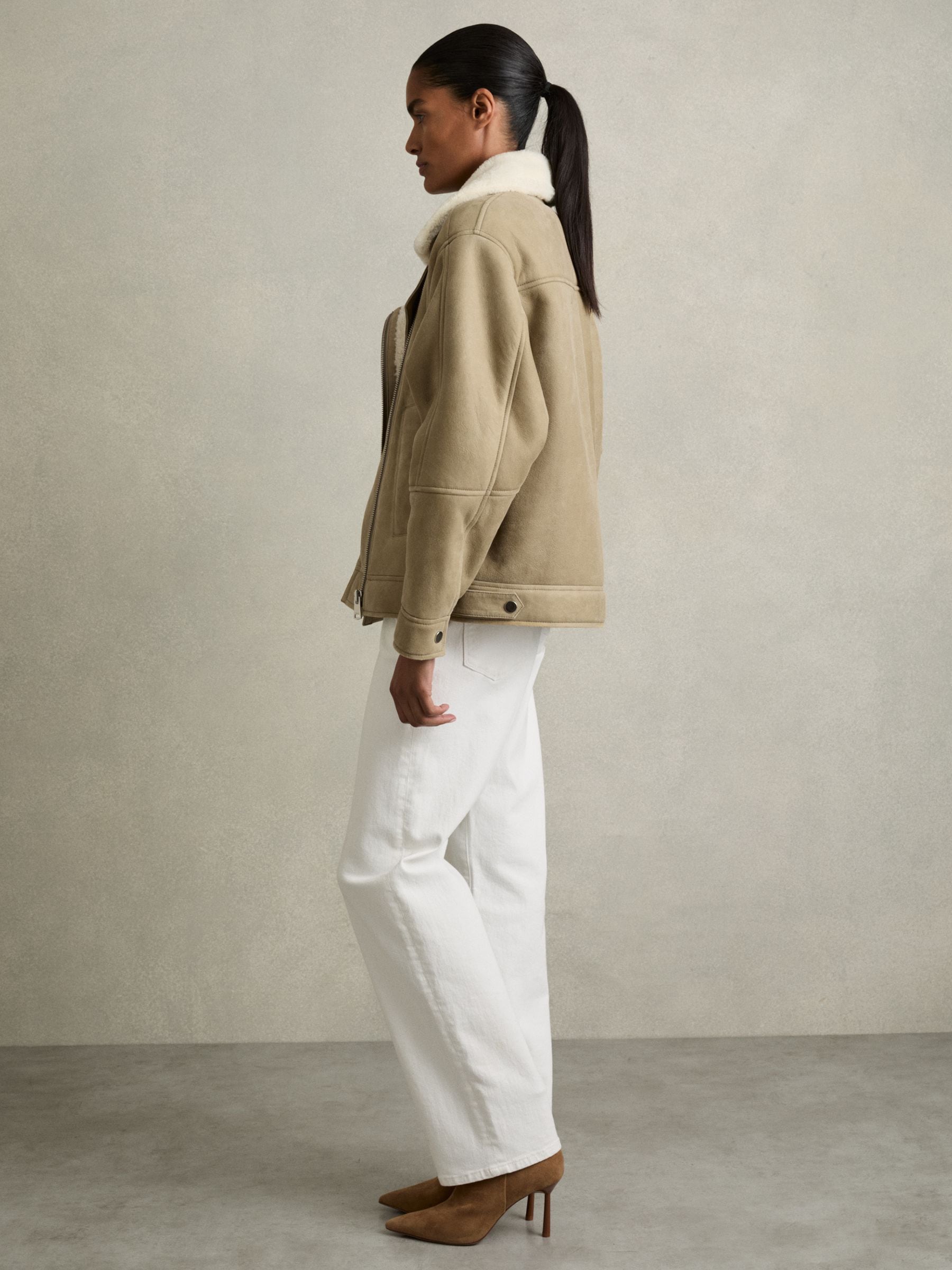 Buy Reiss Light Green Mona Shearling-Lined Leather Aviator Jacket
