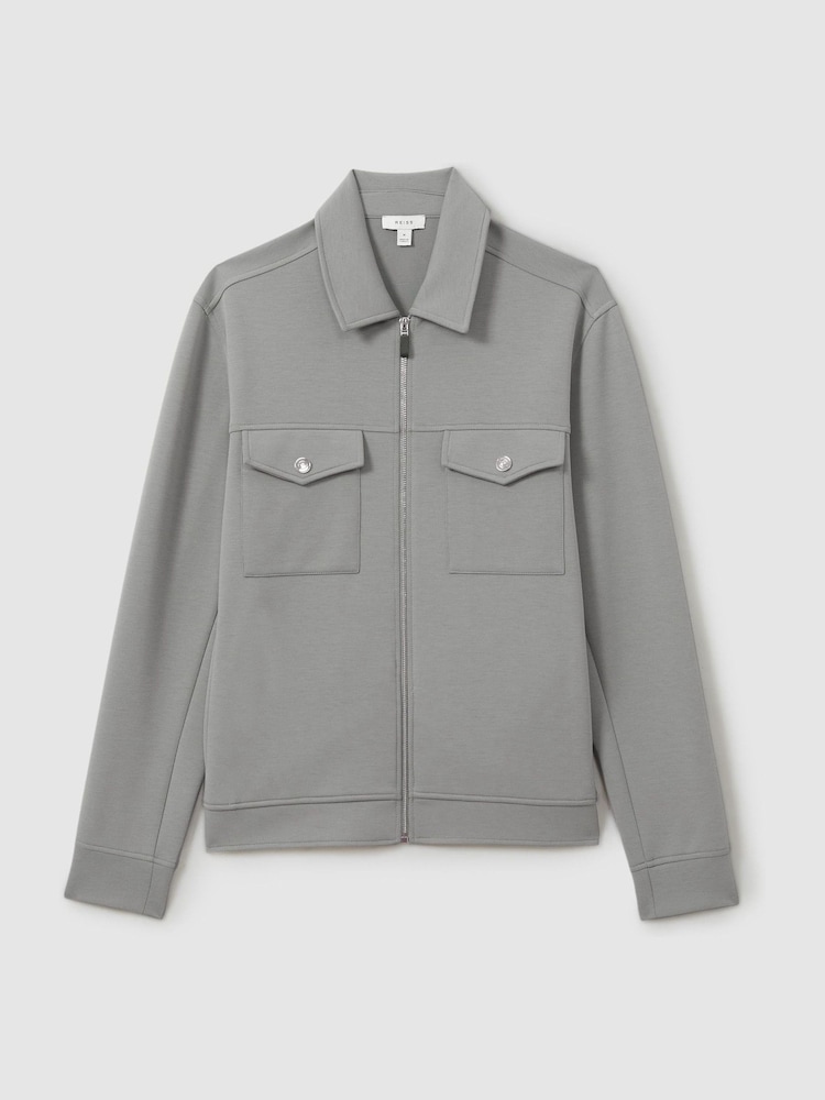 Reiss Flint Grey Medina Interlock Jersey Zip-Through Overshirt - Image 2 of 6
