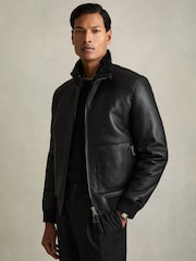 Reiss Black Curtis Shearling Lined Leather Jacket - Image 1 of 6