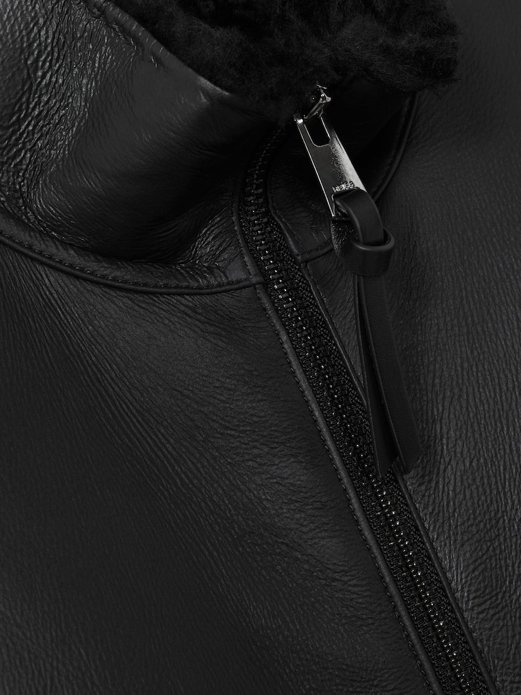 Reiss Black Curtis Shearling Lined Leather Jacket - Image 6 of 6 Reiss Black Curtis Shearling Lined Leather Jacket - Image 6 of 6