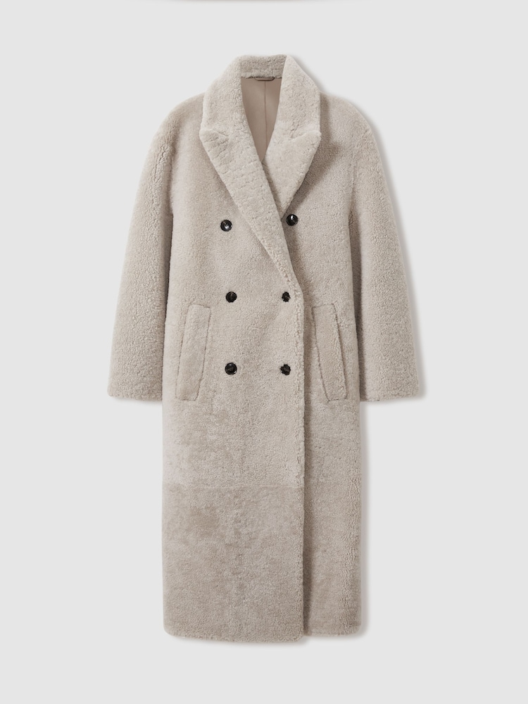 Reiss Neutral Jett Double Breasted Long Shearling Coat - Image 2 of 6