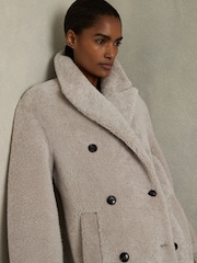 Reiss Neutral Jett Double Breasted Long Shearling Coat - Image 3 of 6