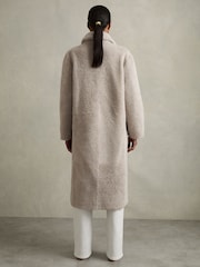 Reiss Neutral Jett Double Breasted Long Shearling Coat - Image 4 of 6