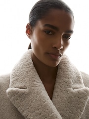 Reiss Neutral Jett Double Breasted Long Shearling Coat - Image 5 of 6