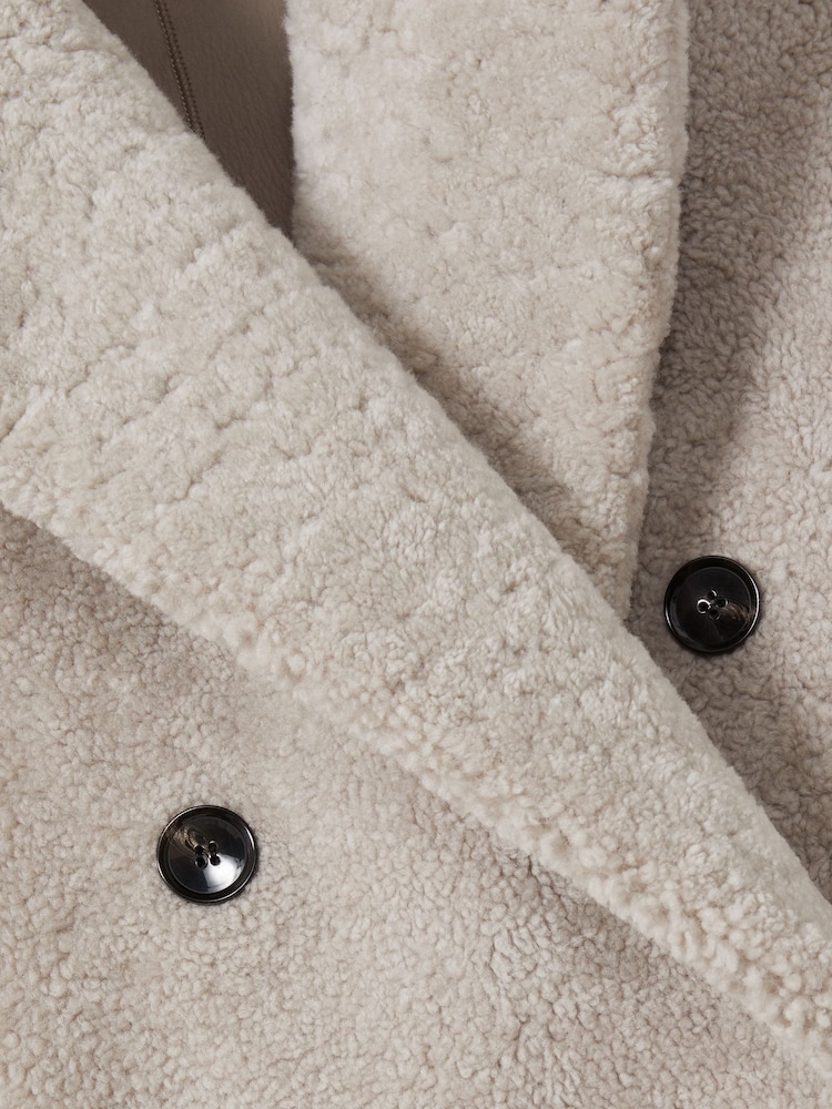 Reiss Neutral Jett Double Breasted Long Shearling Coat - Image 6 of 6