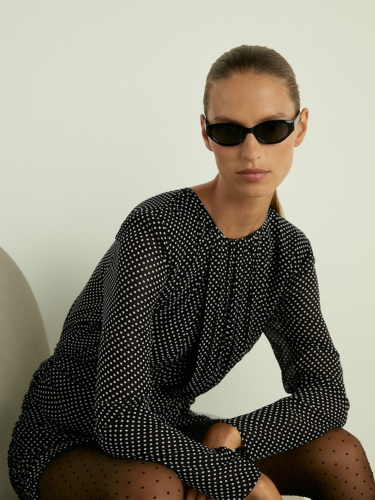 Rochie mini Reiss Taylor cu buline polka din georgette adunat - Image 3 of 6