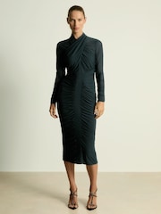 Reiss Teal Myla Ruched Bodycon Midi Dress - Image 1 of 5