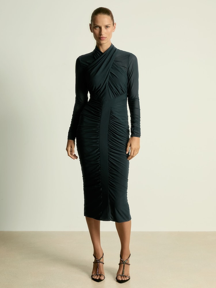 Reiss Teal Myla Ruched Bodycon Midi Dress - Image 1 of 5