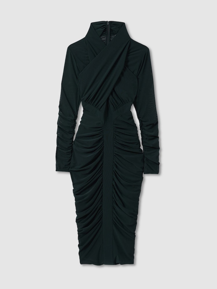Reiss Teal Myla Ruched Bodycon Midi Dress - Image 2 of 5