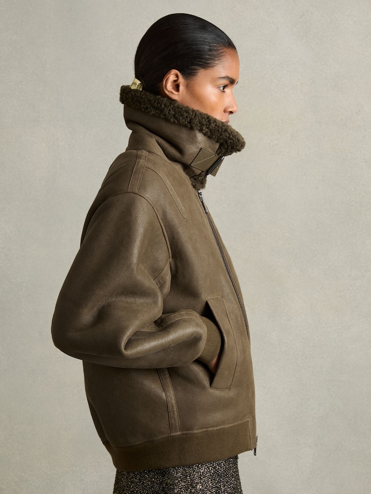 Reiss Dark Khaki Blake Shearling Aviator Jacket - Image 1 of 8