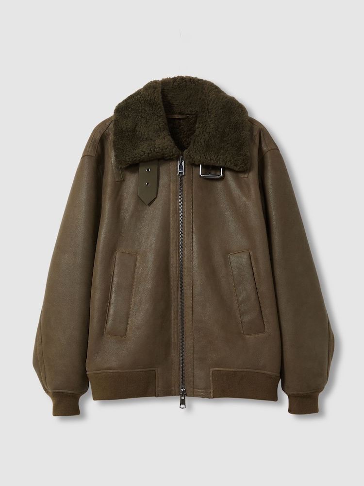 Reiss Dark Khaki Blake Shearling Aviator Jacket - Image 2 of 8