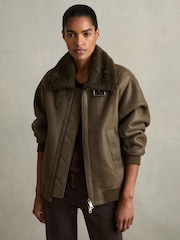 Reiss Dark Khaki Blake Shearling Aviator Jacket - Image 4 of 8