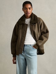 Reiss Dark Khaki Blake Shearling Aviator Jacket - Image 7 of 8