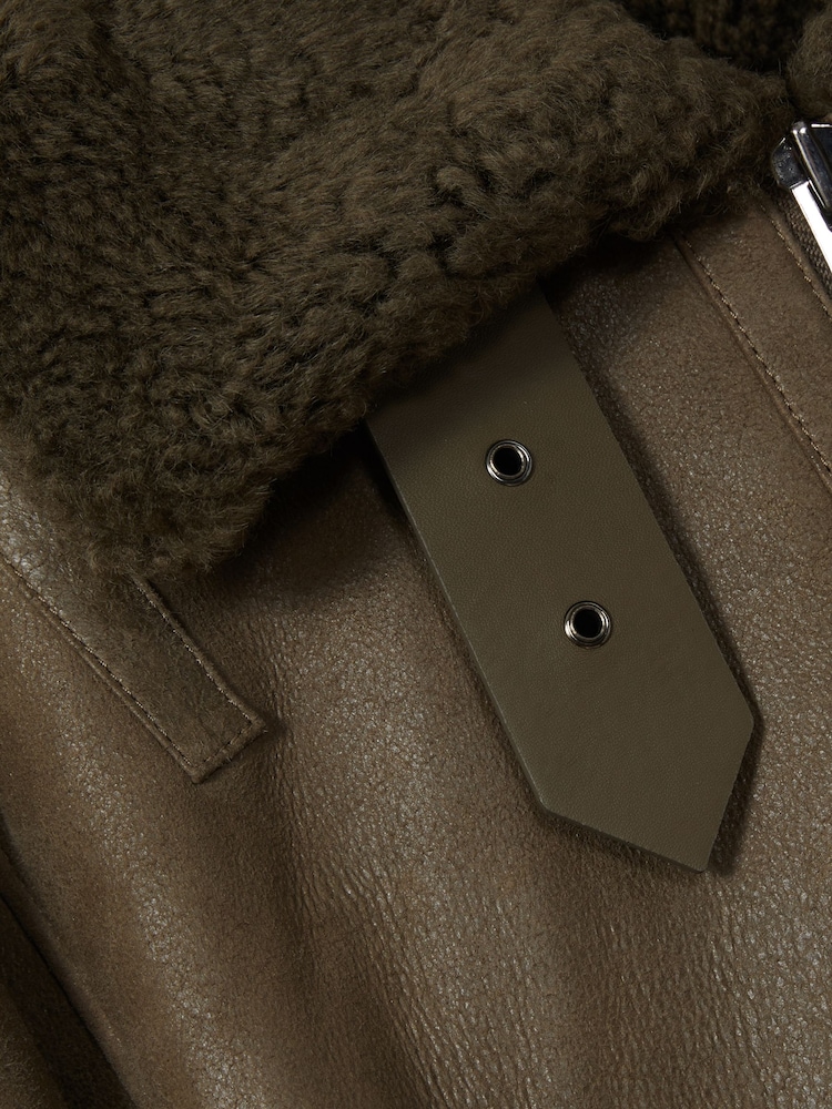 Reiss Dark Khaki Blake Shearling Aviator Jacket - Image 8 of 8
