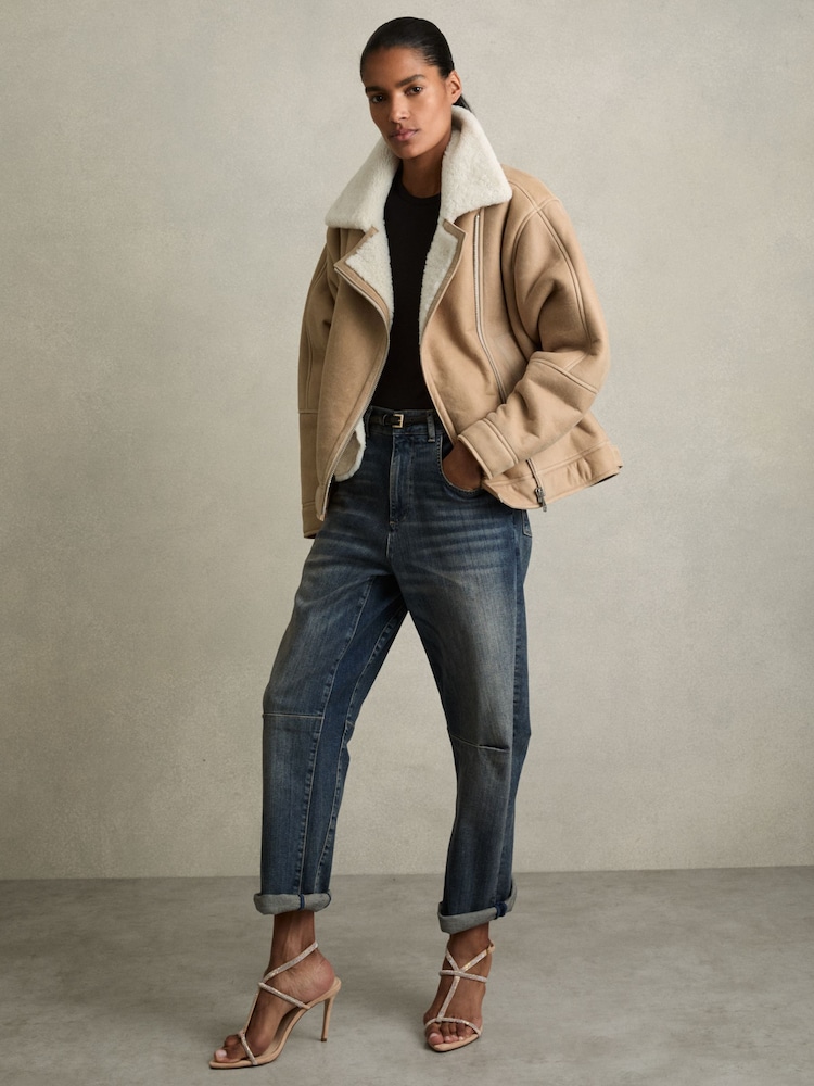 Нейтральный - Reiss Mona Shearling-Lined Leather Aviator Jacket - Image 1 of 9