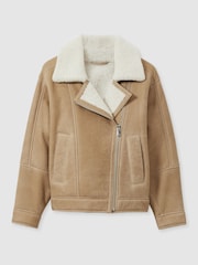 Нейтральный - Reiss Mona Shearling-Lined Leather Aviator Jacket - Image 2 of 9