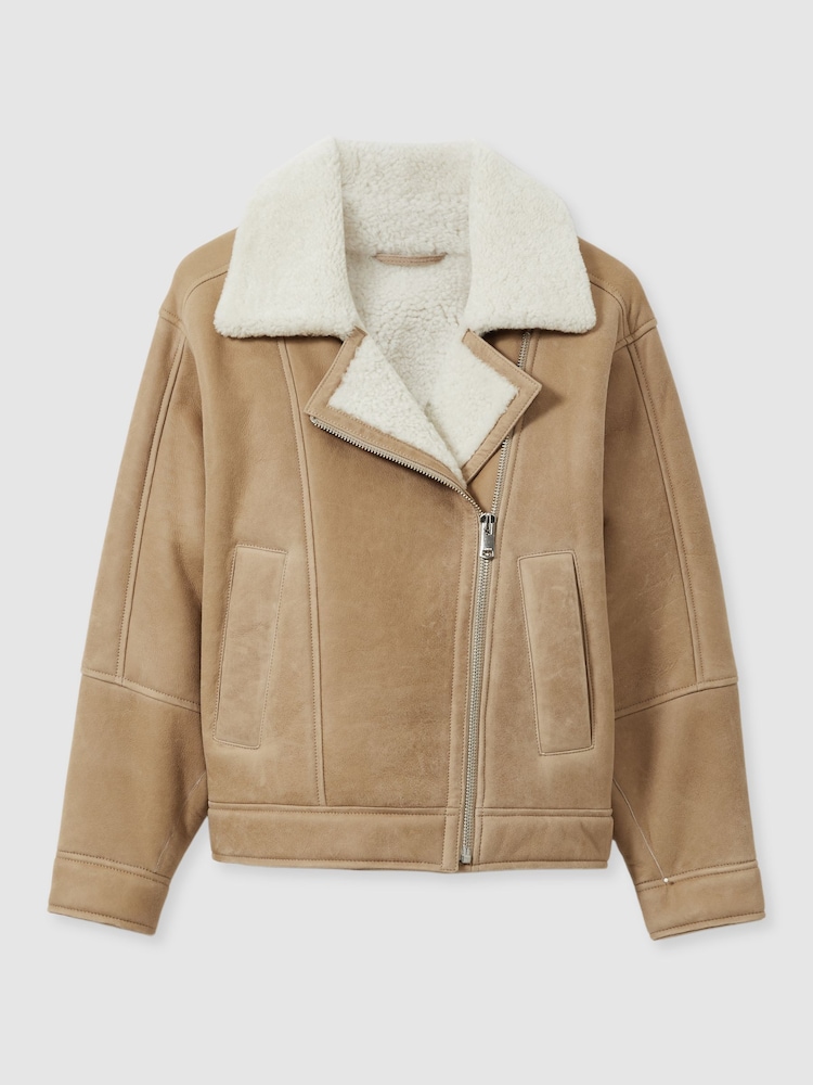 Нейтральный - Reiss Mona Shearling-Lined Leather Aviator Jacket - Image 2 of 9