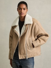Нейтральный - Reiss Mona Shearling-Lined Leather Aviator Jacket - Image 3 of 9