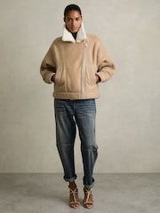 Нейтральный - Reiss Mona Shearling-Lined Leather Aviator Jacket - Image 4 of 9
