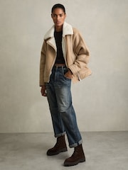 Нейтральный - Reiss Mona Shearling-Lined Leather Aviator Jacket - Image 8 of 9
