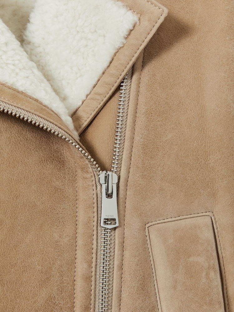 Нейтральный - Reiss Mona Shearling-Lined Leather Aviator Jacket - Image 9 of 9