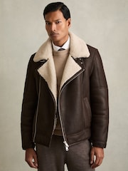 Reiss Dark Brown Aka Shearling Lined Leather Aviator Jacket - Image 3 of 7