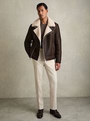 Reiss Dark Brown Aka Shearling Lined Leather Aviator Jacket - Image 4 of 7
