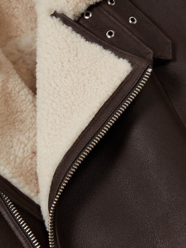 Reiss Dark Brown Aka Shearling Lined Leather Aviator Jacket - Image 7 of 7