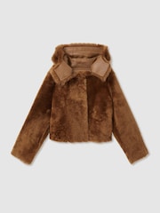 Reiss Tan Laure Shearling Removable Hood Jacket - Image 3 of 9