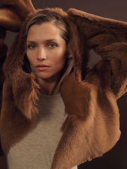 Reiss Tan Laure Shearling Removable Hood Jacket - Image 6 of 9