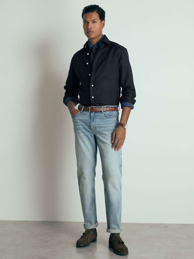 Reiss Navy Wallington Atelier Cotton-Piqué Long-Sleeve Shirt - Image 1 of 6