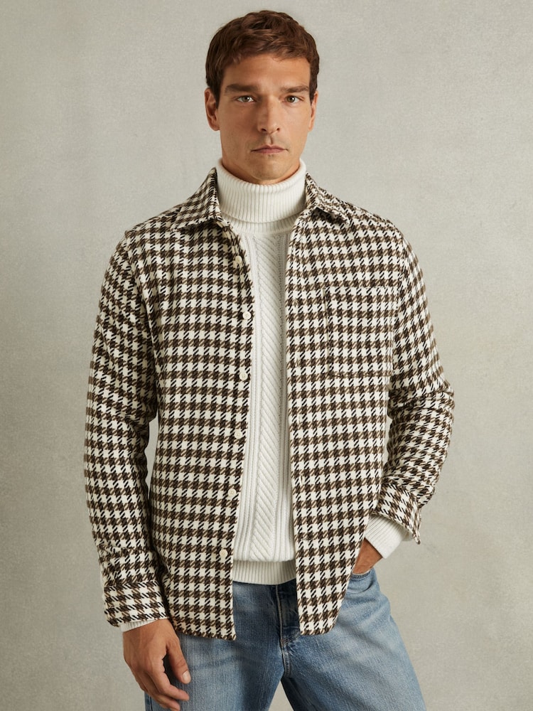 Reiss White/Brown Zonda Dogtooth Overshirt with Wool - Image 1 of 6