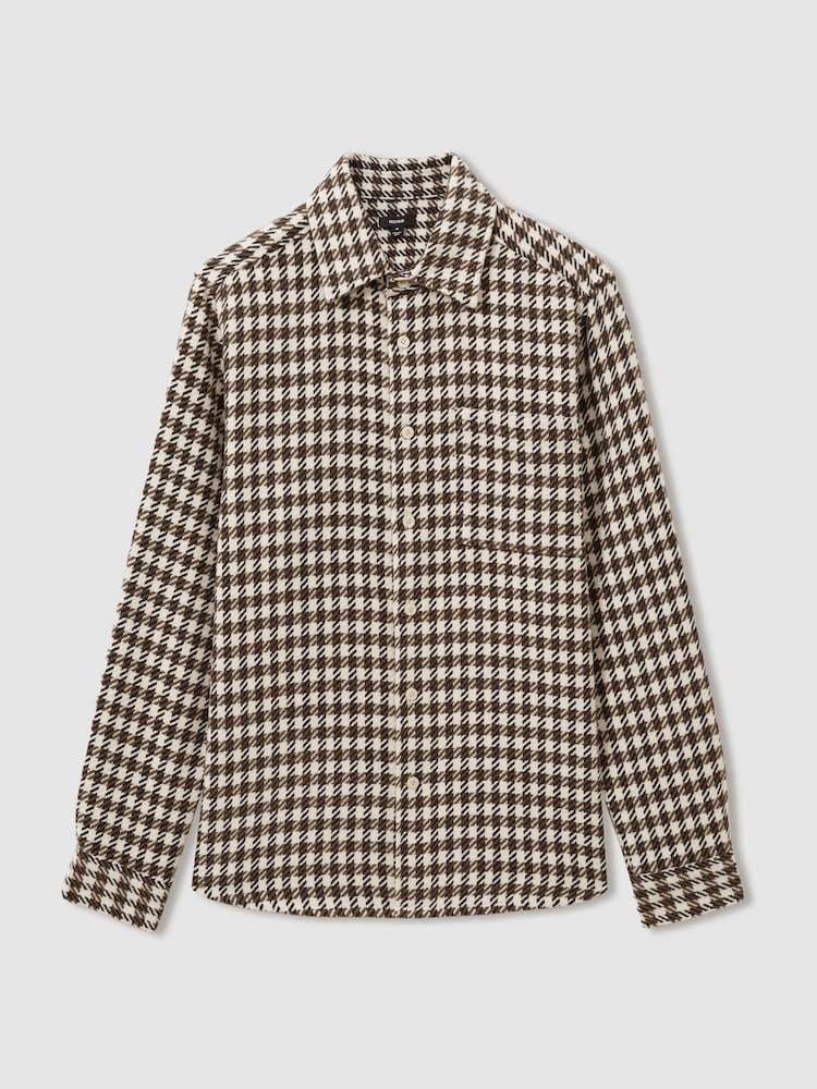 Reiss White/Brown Zonda Dogtooth Overshirt with Wool - Image 2 of 6