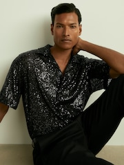 Reiss Black Prince Sequinned Cuban-Collar Shirt - Image 1 of 7