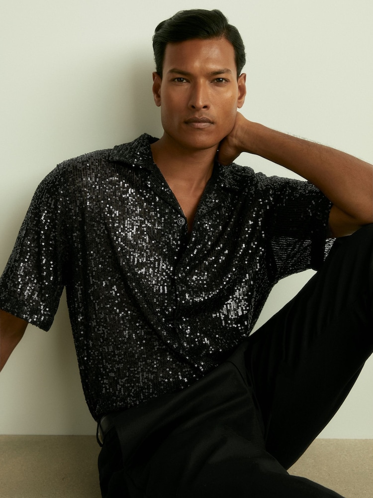 Reiss Black Prince Sequinned Cuban-Collar Shirt - Image 1 of 7