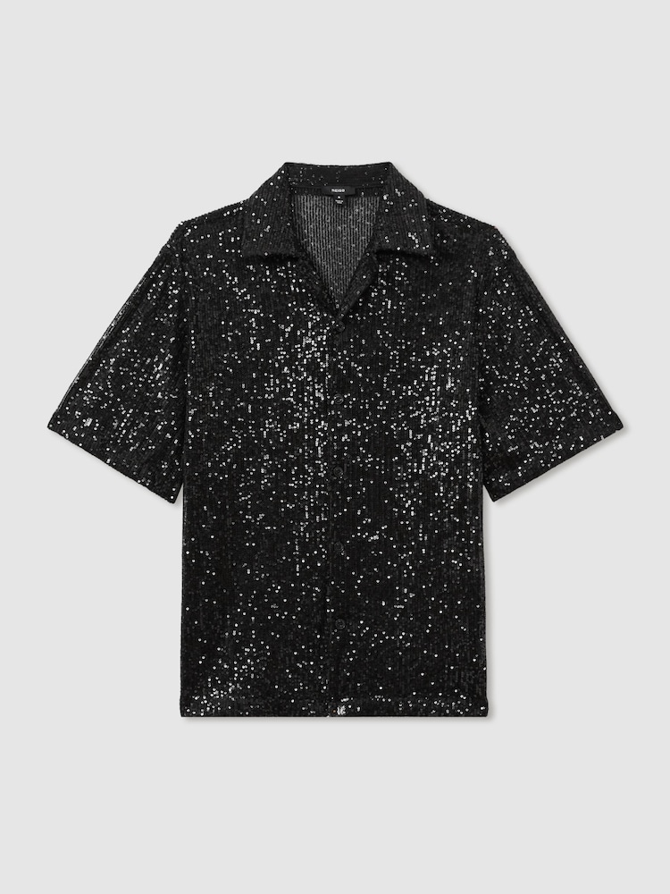 Reiss Black Prince Sequinned Cuban-Collar Shirt - Image 2 of 7